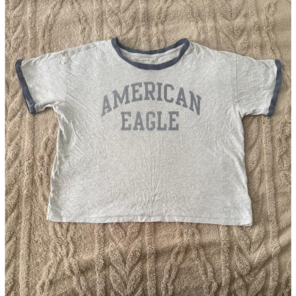American Eagle Soft Girl Ringer Tee Crop Top Gray Blue Small